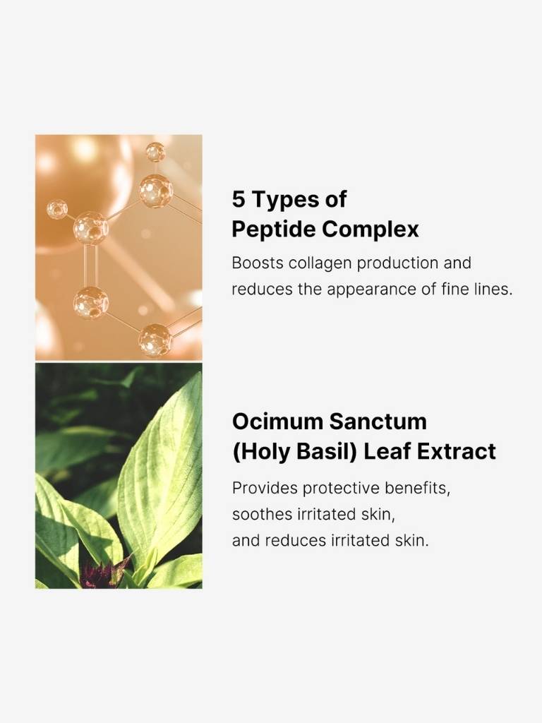 Text about peptide complex and Ocimum sanctum leaf extract with molecular structure and holy basil plant images.
