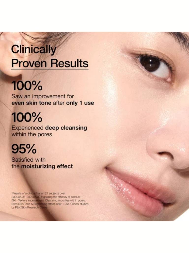 Advertisement for skincare product with clinical results on a close-up of a person's face.