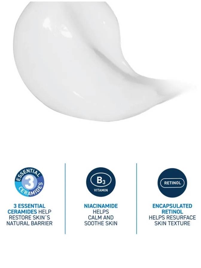 White skincare product with text detailing its ingredients on a white background