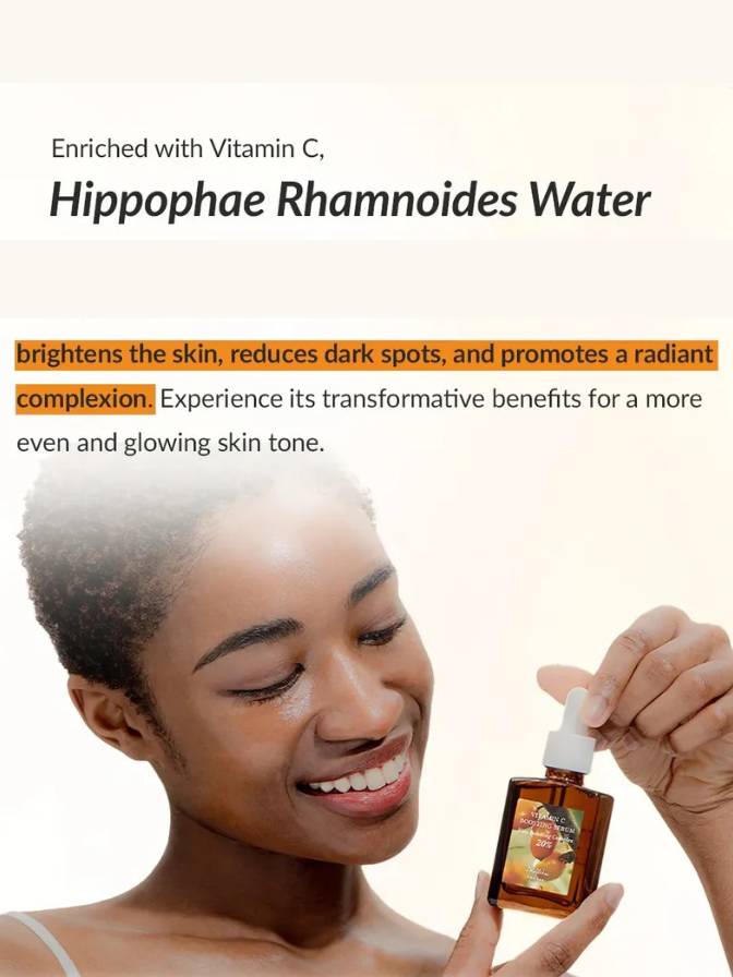 Woman holding a bottle of Hippophae Rhamnoides Water with text about its benefits.