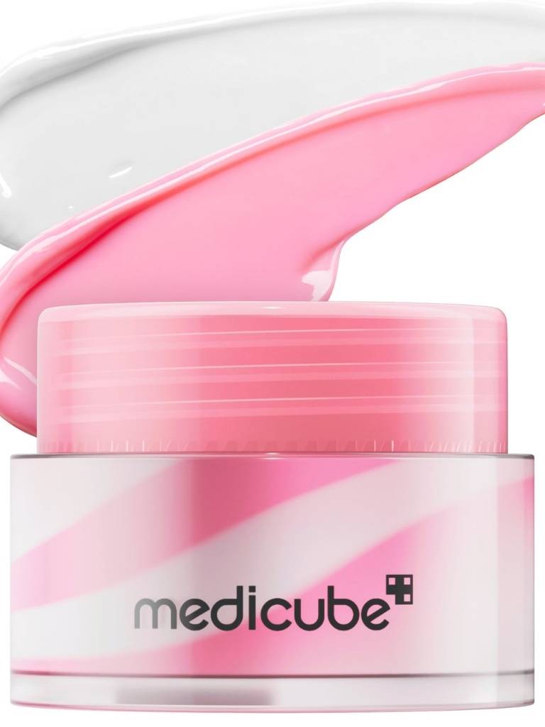 Pink skincare product with 'medicube' branding on a white background