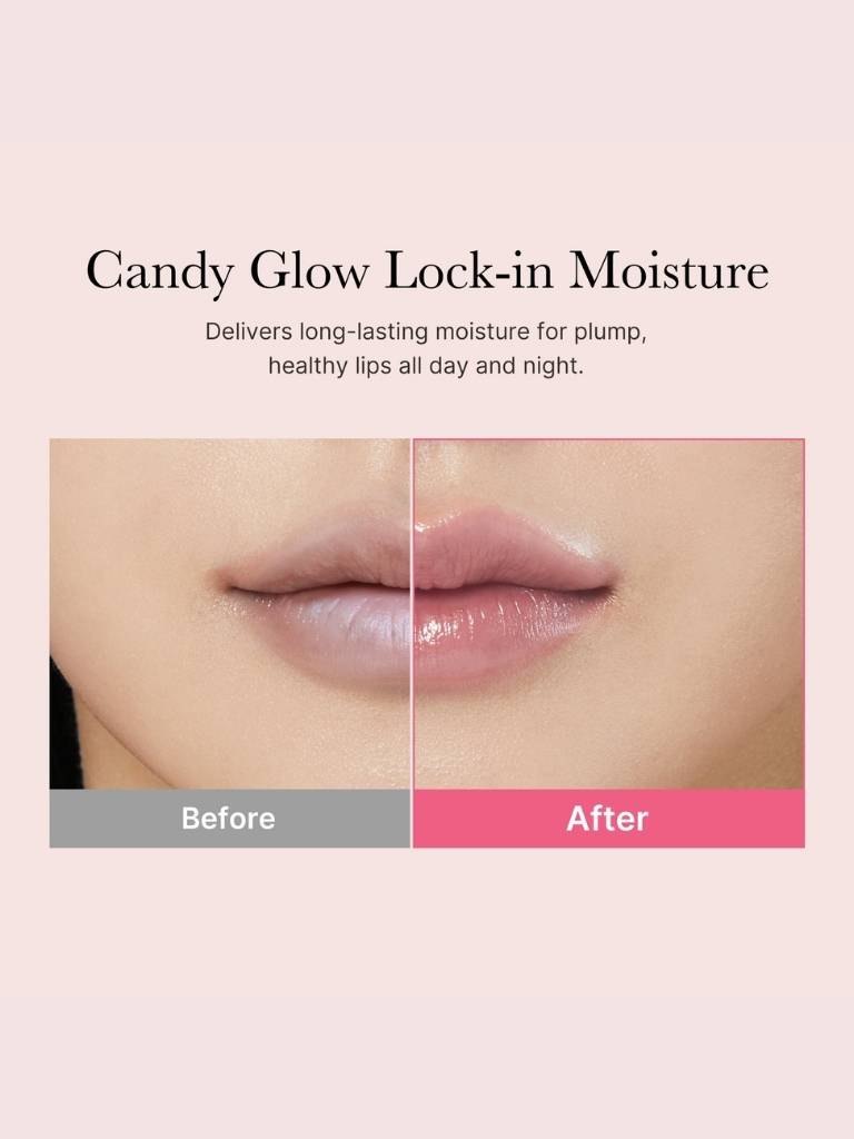 Lip comparison showing 'Before' and 'After' effects of Candy Glow Lock-in Moisture on a beige background.