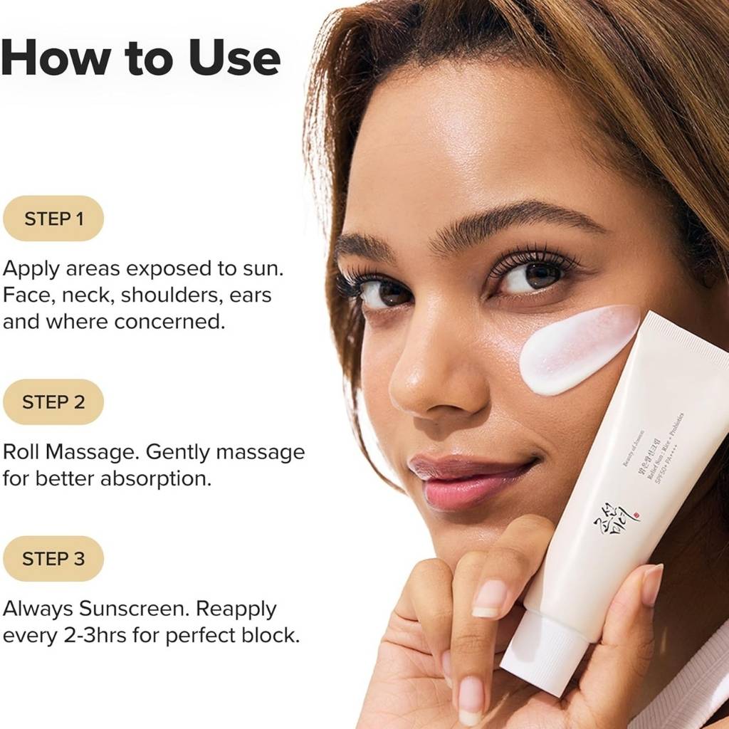 “Beauty of Joseon Relief Sun SPF50+ Rice + Probiotics Sunscreen packaging close-up – moisturizing Korean sunscreen SPF50 PA++++”
