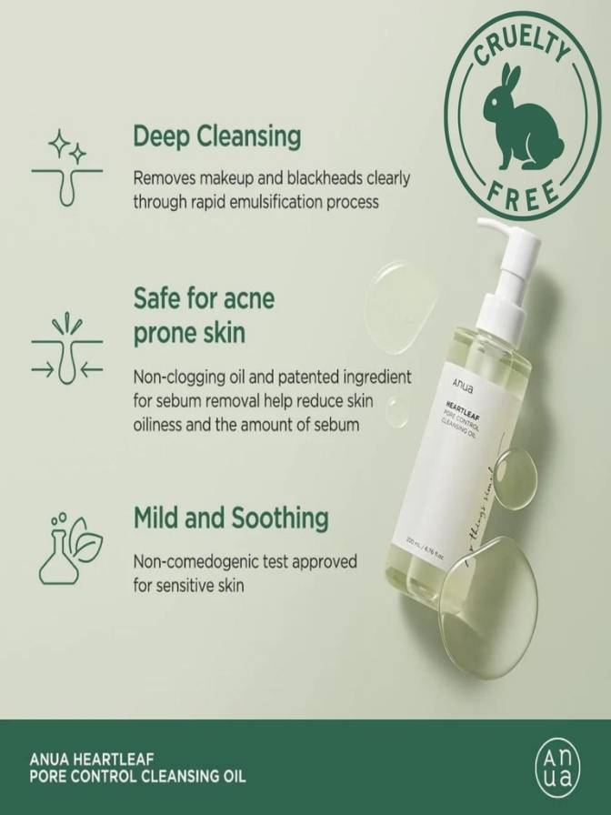 Anua Heartleaf pore control cleansing oil with product details on a green background