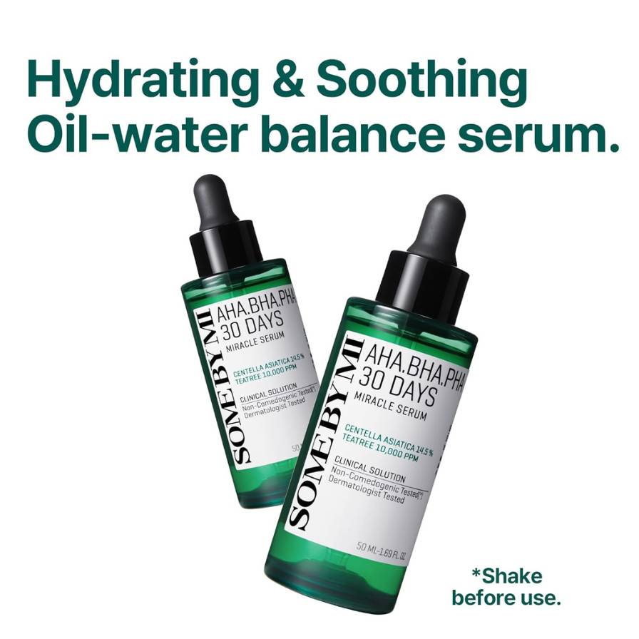 Two bottles of SOME BY MI AHA BHA PHA 30 Days serum on a white background with text about hydrating and soothing oil-water balance.