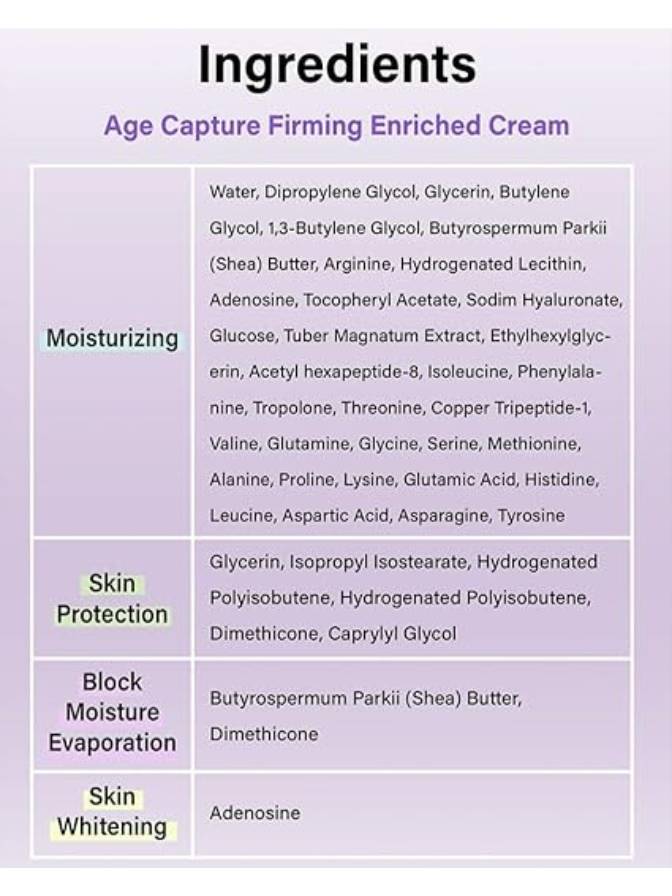 List of ingredients for an 'Age Capture Firming Enriched Cream' on a purple background