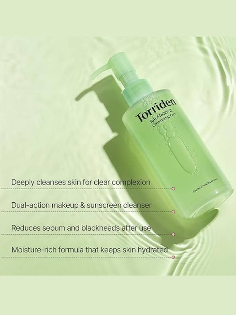 Green bottle of Torriden cleanser on a light green background with product details.