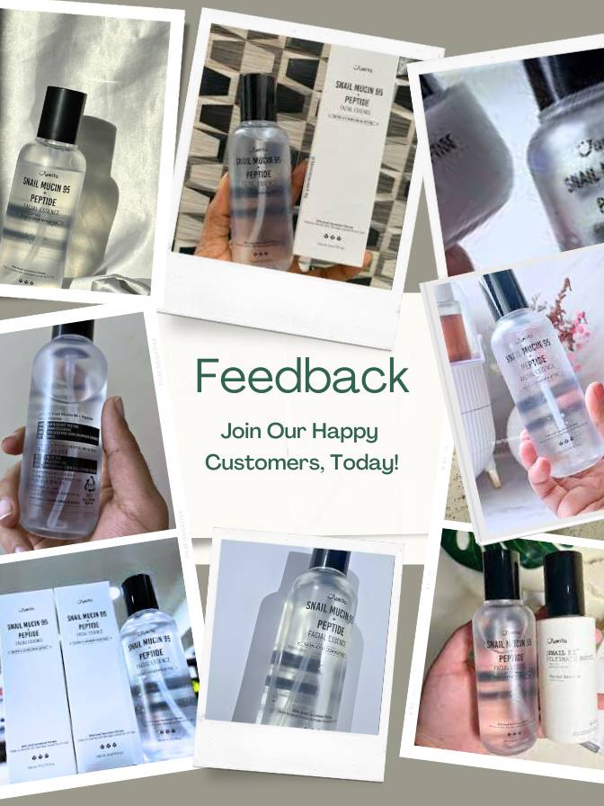 Collage of product images with a call to action for feedback.