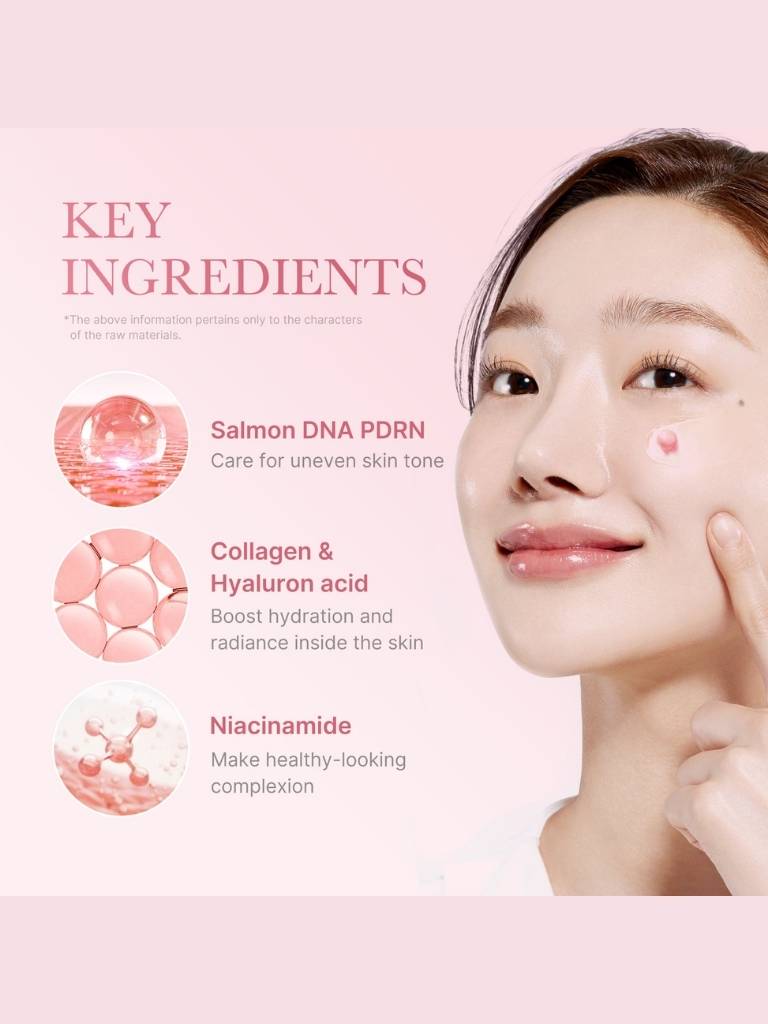 Cosmetic product with key ingredients listed on a pink background
