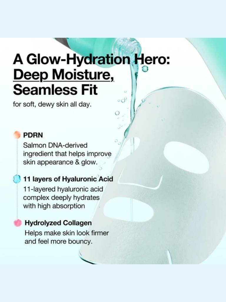 Sheet mask with text highlighting features like PDRN, hyaluronic acid, and hydrolyzed collagen on a light blue background.
