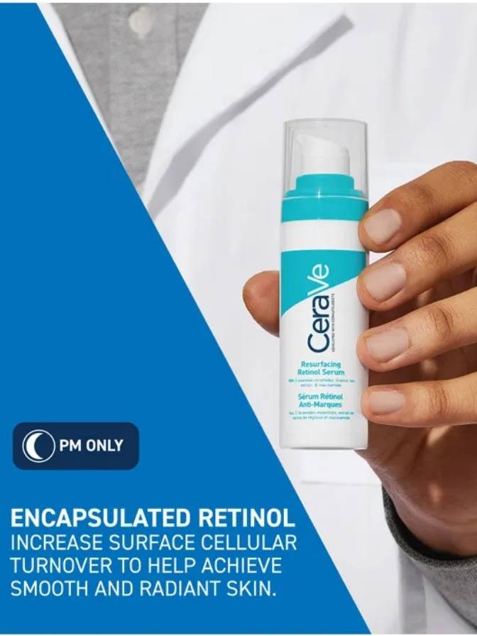 Cerave serum bottle held by a hand with promotional text on a blue and gray background