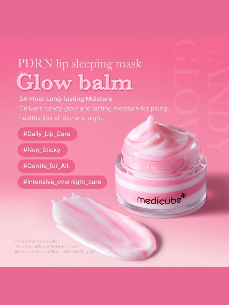Medicube PDRN lip sleeping mask glow balm on a pink background