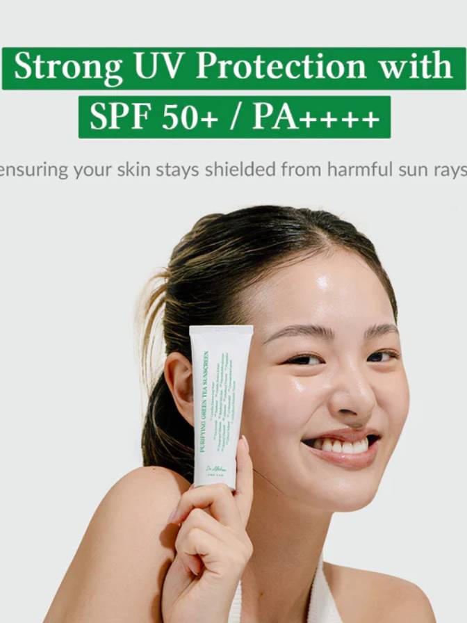 Woman holding a skincare product with text about strong UV protection and SPF 50+ PA++++ on a white background.