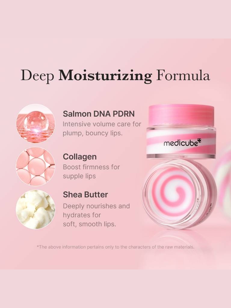 Lip balm with ingredients and benefits on a pink background