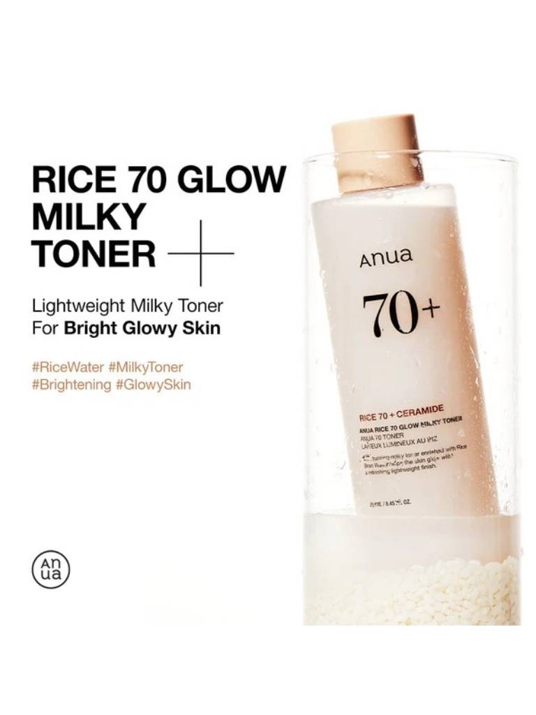 Anua Rice 70 Glow Milky Toner bottle on a white background