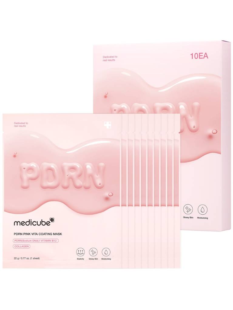 Packaging of Medicube PDRN pink vita coating mask on a white background