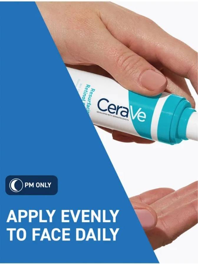CeraVe tube being held with text 'Apply evenly to face daily' on a blue background