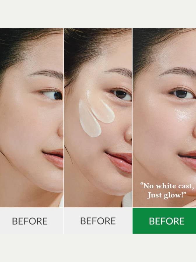 Before and after comparison of a skincare product application on a person's face.