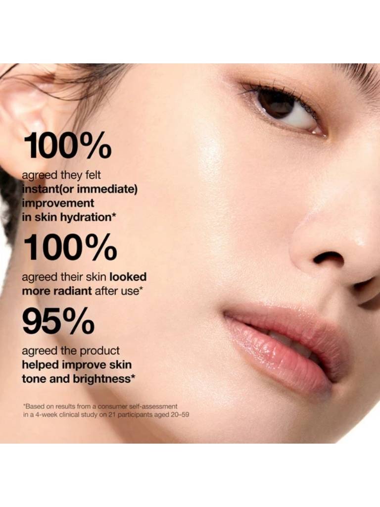 Close-up of a person's face with text highlighting skin hydration and radiance improvement.