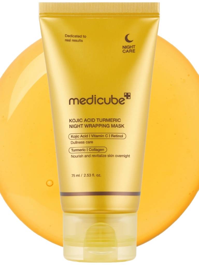 Medicube Kojic Acid Turmeric Night Wrapping Mask on a yellow background