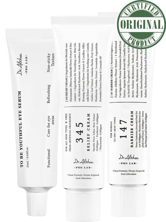 Three skincare product tubes with labels on a white background, featuring a 'Certified Original Product' badge.