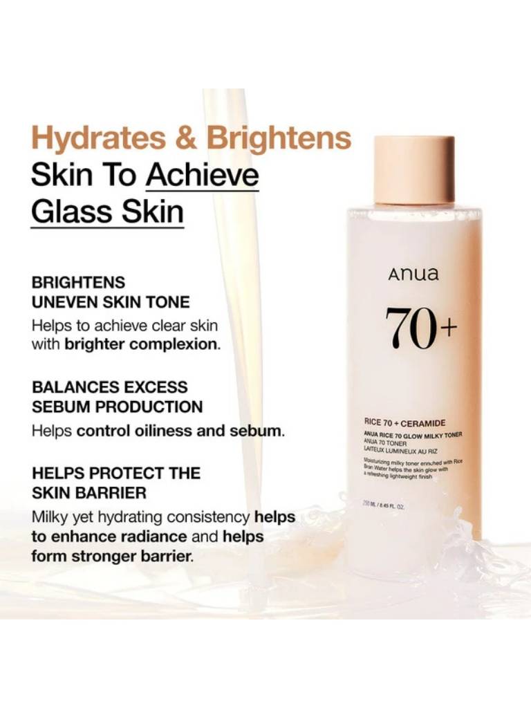 Anua skincare product with text highlighting its benefits on a white background