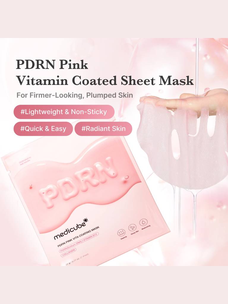 PDRN Pink Vitamin Coated Sheet Mask packaging with a sheet mask being applied.