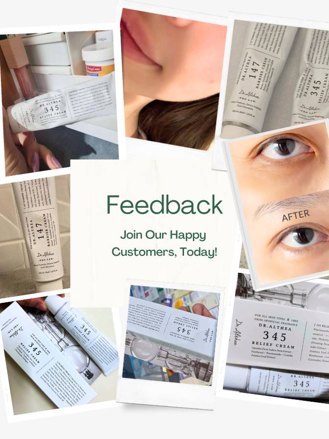 Collage of skincare product packaging with text inviting customers to join the happy customer group.