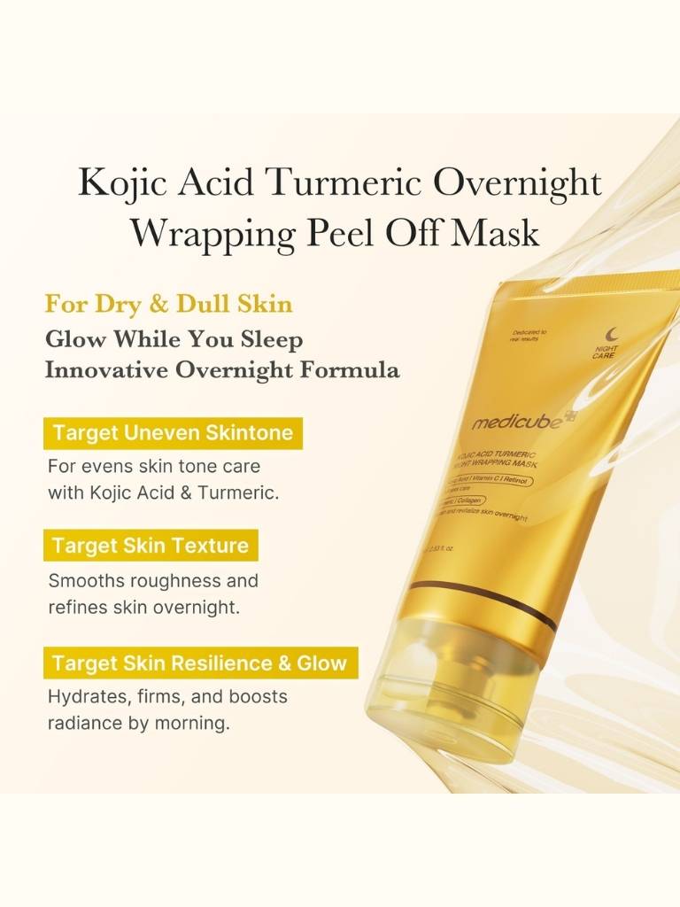 Kojic Acid Turmeric Overnight Wrapping Peel Off Mask with product image and benefits text on a white background