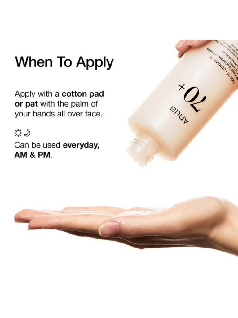 Enuy skincare product being applied to a hand with text on how to use it.