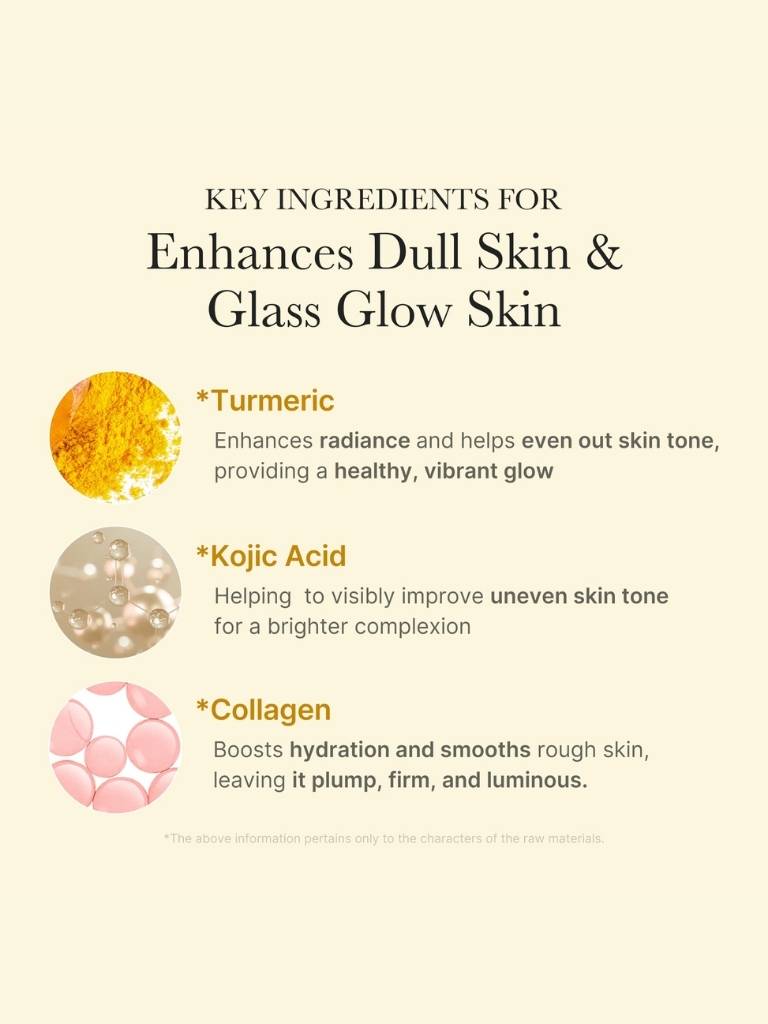 Key ingredients for enhancing dull skin and achieving a glass glow skin on a beige background.