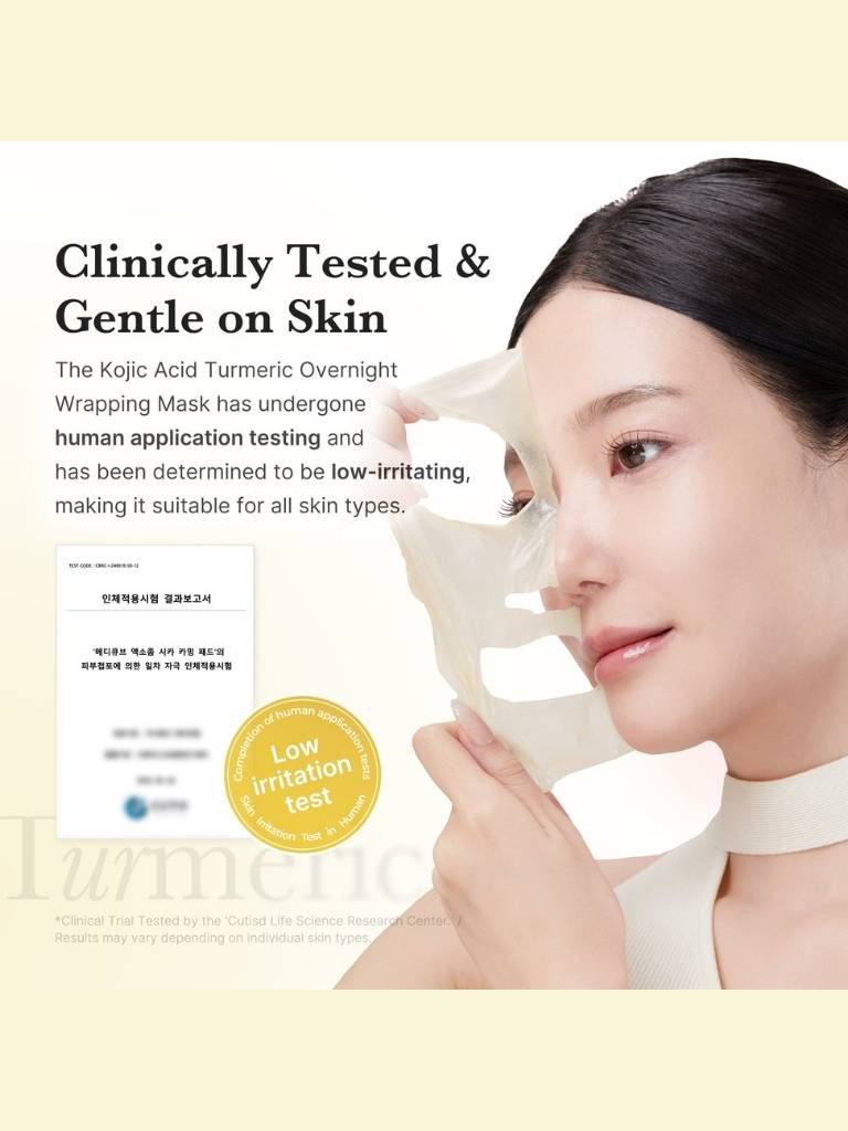 Woman wearing a Kojic Acid Turmeric Overnight Wrapping Mask with text about its clinical testing and skin safety.