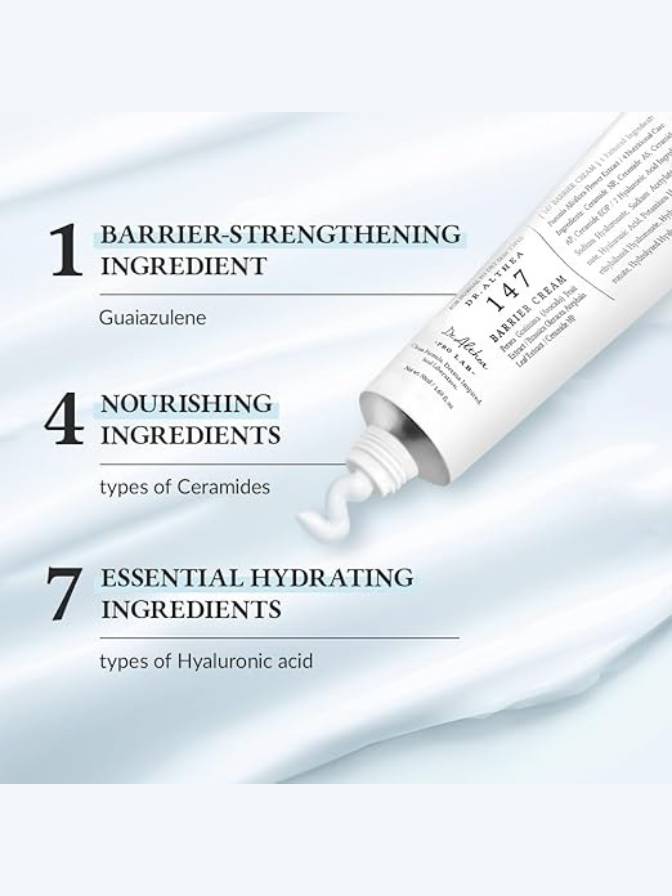 Skincare cream tube with ingredients listed on a light blue background