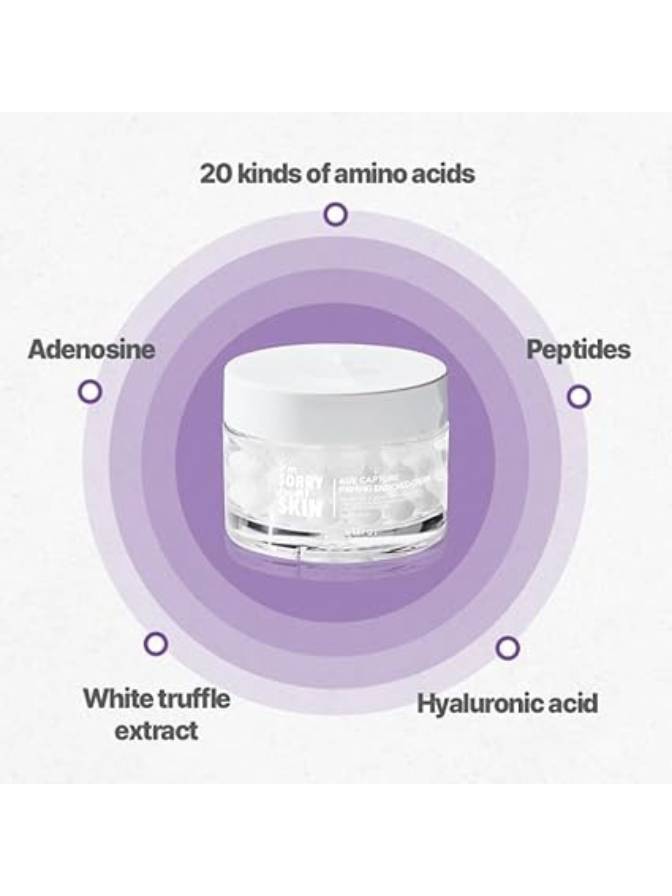 Skincare product with ingredients listed around it on a white background
