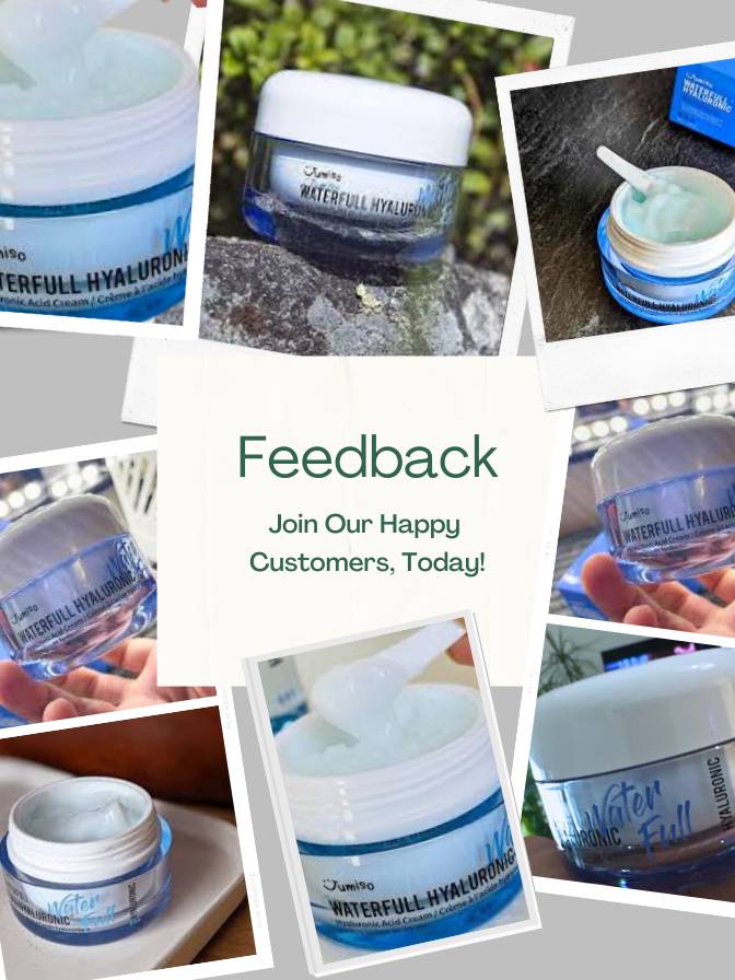 Collage of 'Waterfull Hyaluron' skincare product with promotional text for feedback.