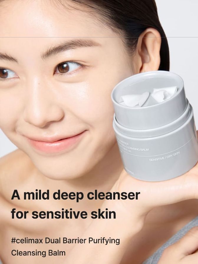 Woman holding a container of cleansing balm with text about a mild deep cleanser for sensitive skin.