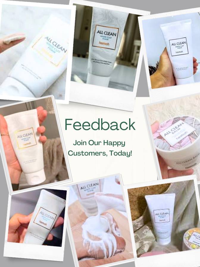 Collage of 'All Clean' skincare products with a call to action for feedback.