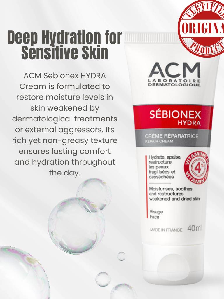 ACM Sebionex HYDRA cream packaging with product description on a white background