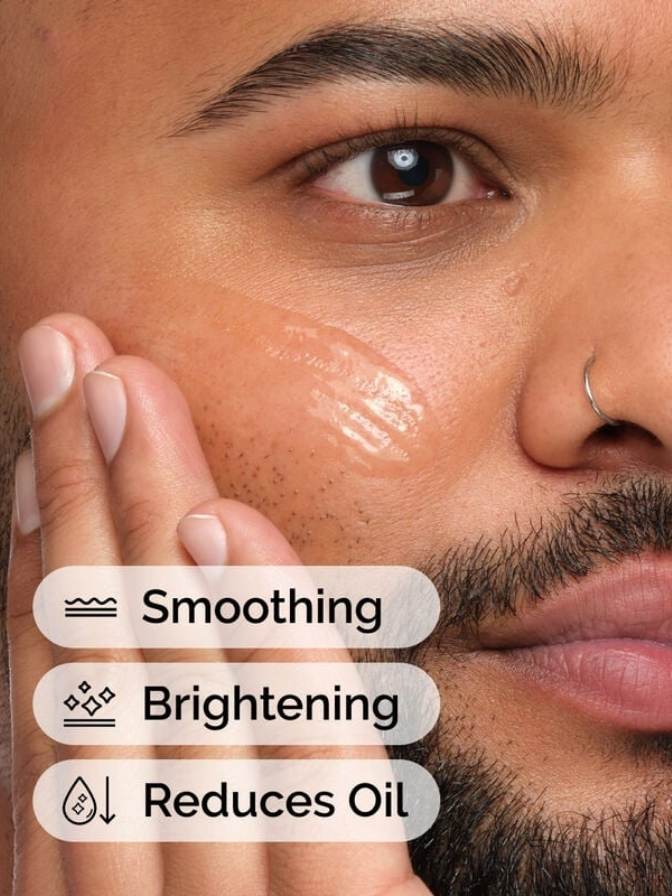 Close-up of a man's face with text indicating skin care benefits