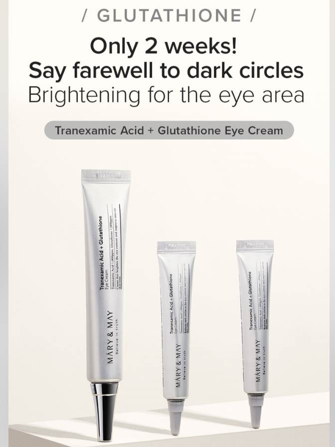 Eye cream with text highlighting benefits and ingredients on a white background