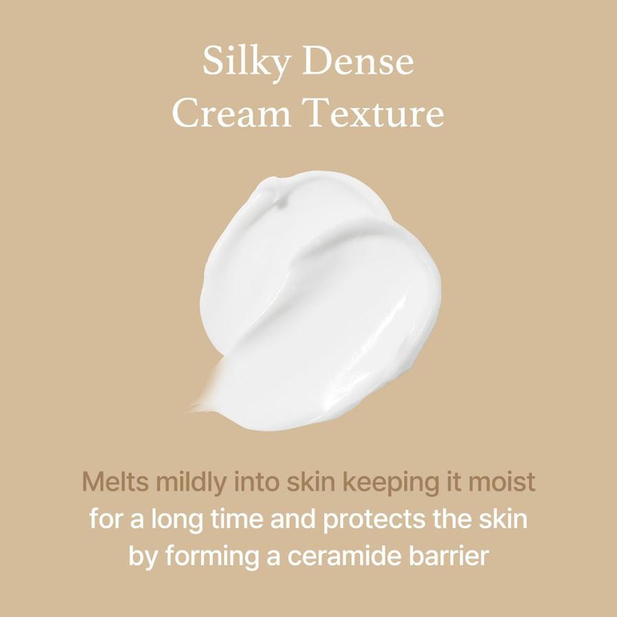 Silky dense cream texture on a beige background with text describing its properties.