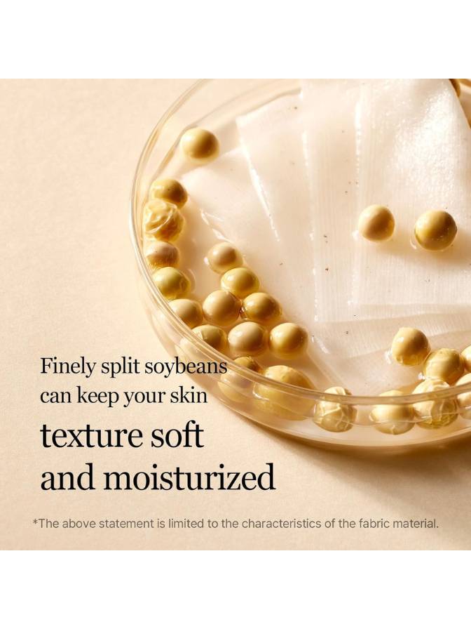 Glass dish with split soybeans and text about skin texture