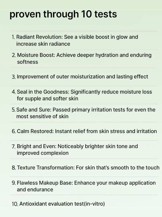 List of skincare benefits and tests on a light green background