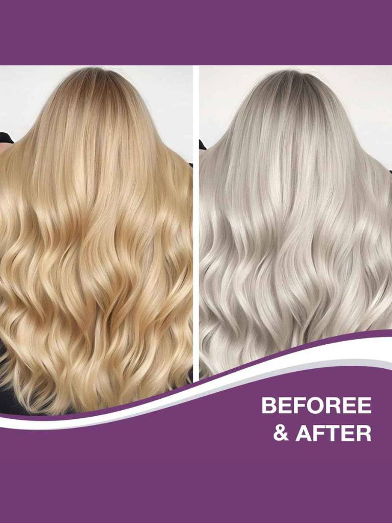 Before and after hair color transformation with wavy blonde hair on the left and silver hair on the right, set against a purple background.