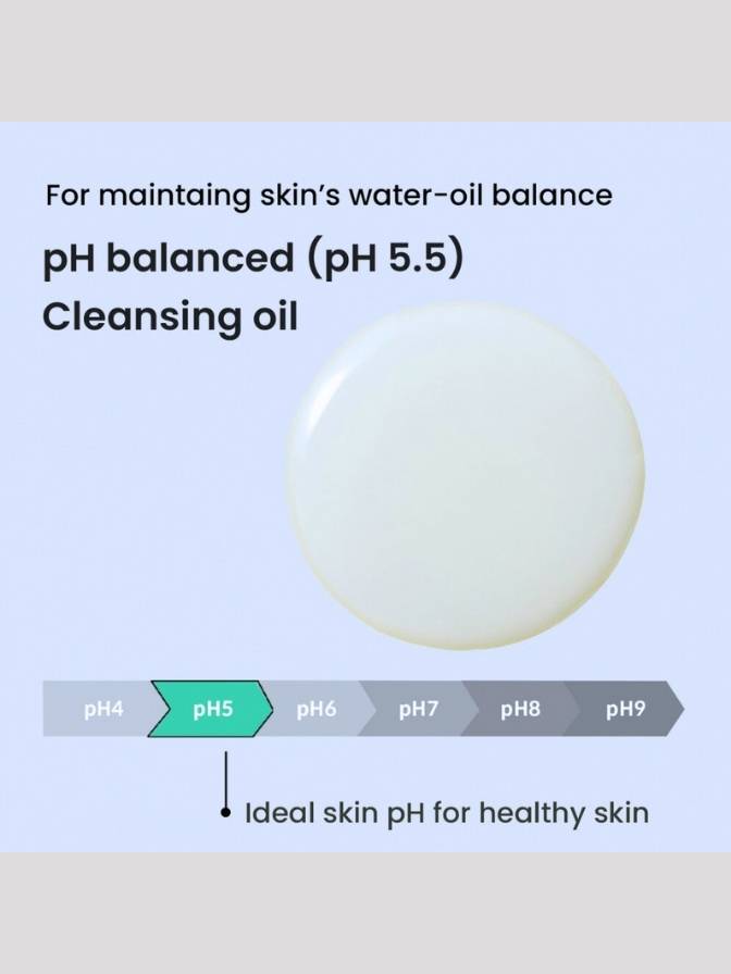 Cleansing oil droplet with pH balance information on a light gray background