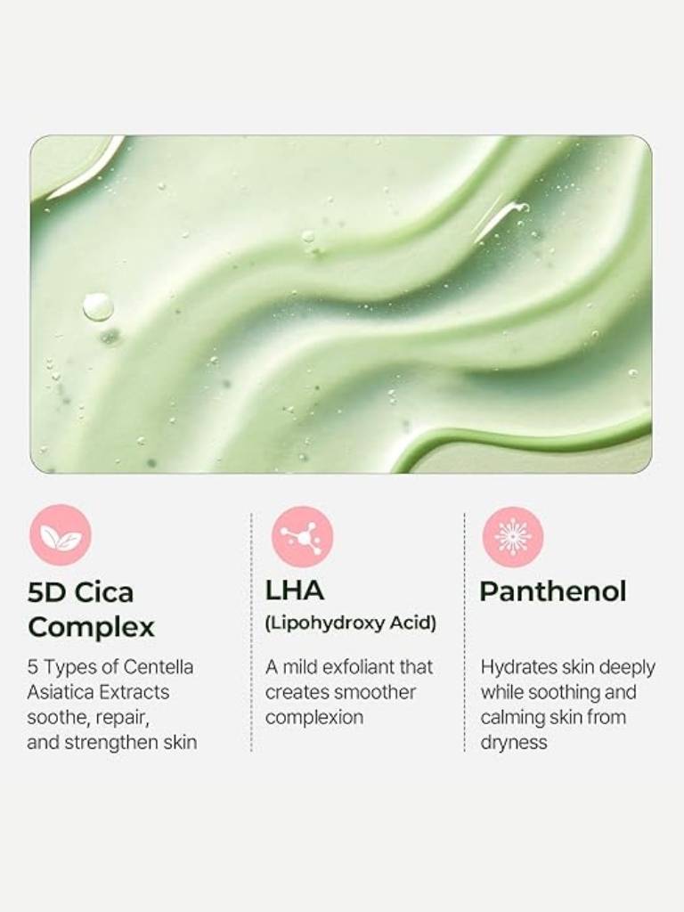 Close-up of green skincare product with text about ingredients on a white background