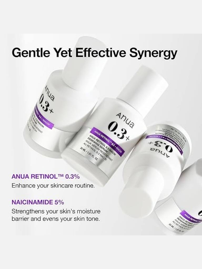 Anua skincare products with text highlighting gentle yet effective synergy on a white background