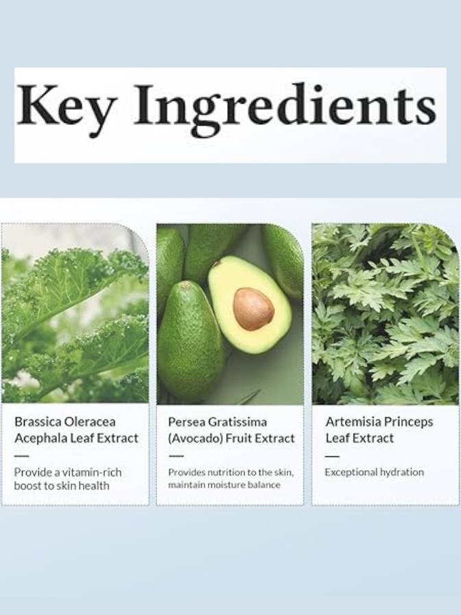Key ingredients with images and descriptions on a light blue background