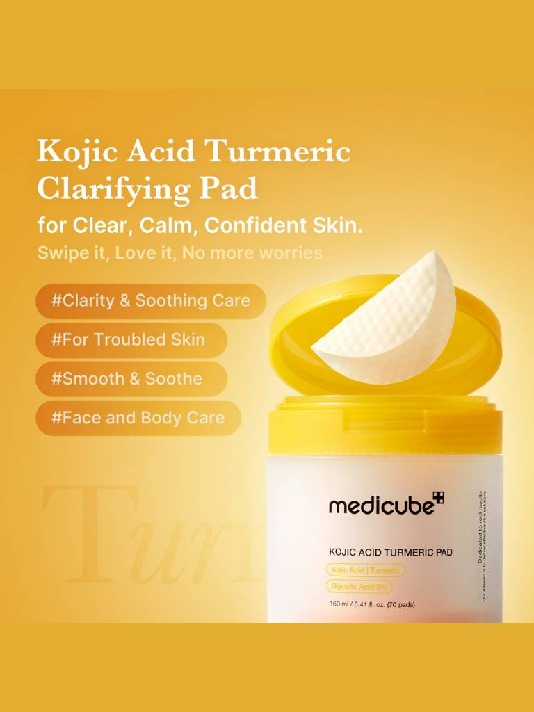 Kojic Acid Turmeric Clarifying Pad by Medicube on a yellow background