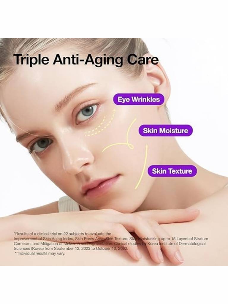 Woman's face with labeled areas for eye wrinkles, skin moisture, and skin texture, promoting triple anti-aging care.